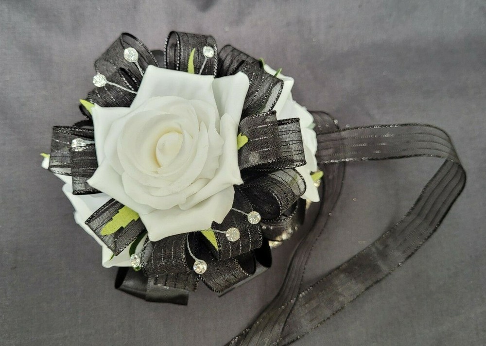 NEW Black Now & Forever Keepsake Silk Rose Corsage with Crystal Bracelets