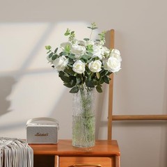 12PCS Artificial Silk Flowers Realistic Roses Bouquet 6 Flowers 6 Buds White