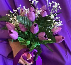 Real touch purple tulip and baby breath bridal bouquet