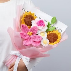 Crochet Flower Bouquet Pink Sunflower Tulip Roses Pink Tulip,rose,sunflower