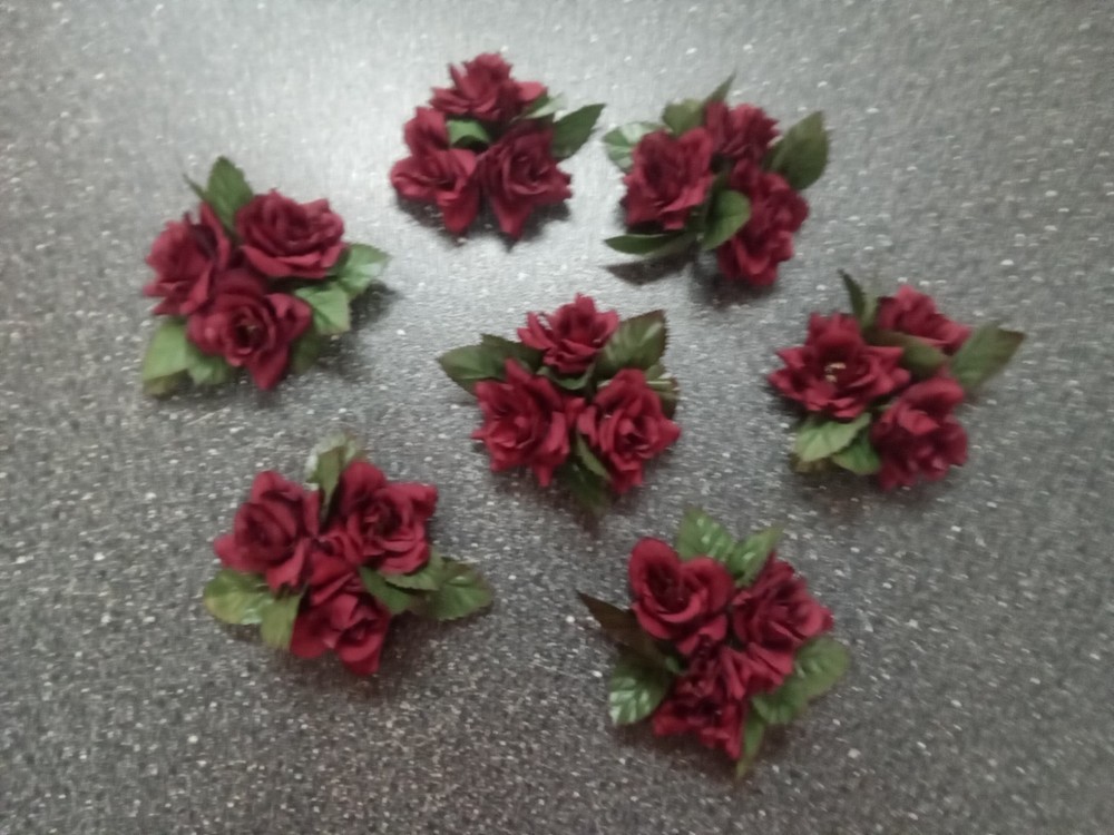 7 Vintage Burgundy Roses Candle Rings, Excellent Pre-owned