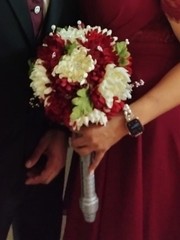 2 Silk Flower Bouquets Red/Ivory/Green w/Rhinestones & Faux Pearls 2 piece set