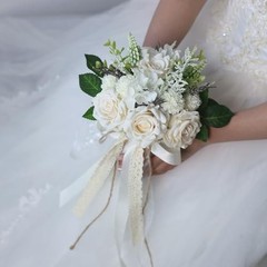 Elegant White Champagne Artificial Rose Wedding Bouquets for Bride & Bridesmaid,