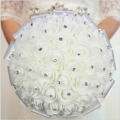 Bride Bouquet Bridal Rose Foam Flower Wedding White Satin Crystal Romantic Decor
