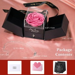 Emibele Preserved Real 3.94 x 3.74 x 4.25 inches, Pink Rose + S925 Necklace