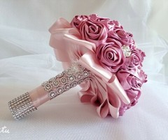 Bridal Bouquets Pink Satin Ribbon Roses, Crystal Brooches, Cream Pearl