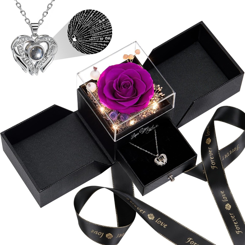 FIACO Valentines Day Rose Gifts for Her Preserved Real Flowers with I Purple