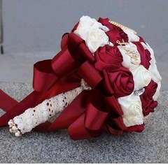 Dark Red Ivory Bridal Bouquet Big Rhinestones Silk Hold Bouquet Luxury Brooch