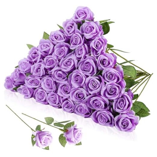36 Pcs Silk Rose Bouquet Bridal Artificial Flowers,Fake Rose Long Stem Purple