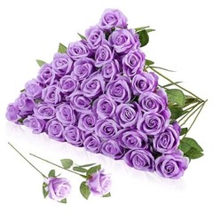 36 Pcs Silk Rose Bouquet Bridal Artificial Flowers,Fake Rose Long Stem Purple