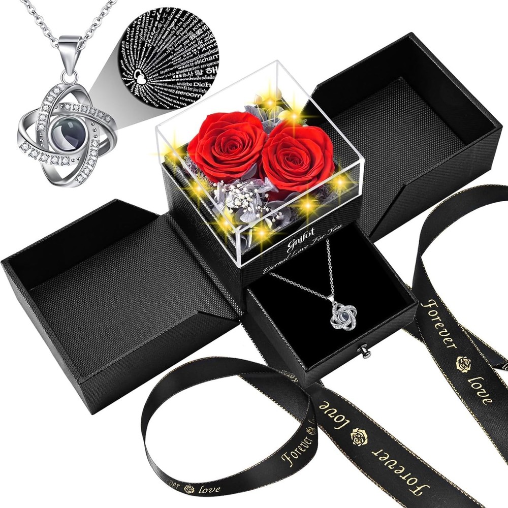 Gnifot Preserved Red Real Rose with I Love You in 100 4.33 inches,