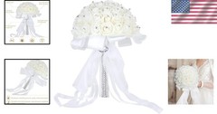 Delicate Rhinestone and Ribbon White-Crystal Bridesmaid Bouquet – 54 Foam Roses