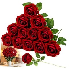 12PCS 20‘’ Red Artificial Roses Flowers with Long 12pcs Red Artificial Flowers