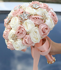 Pale Pink & Ivory Satin Rose Bridal Toss Bouquet – 9.4″ Handmade Floral Bunch