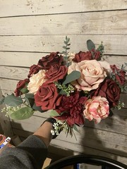 Wedding bouquet In Champagne And Burgundy With Matching Boutonnière