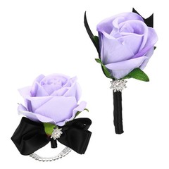 2Pcs Wrist Corsage Boutonnieres Set with Black Ribbon, Light Purple