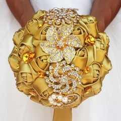 Handmade Satin Rose Wedding Bouquet with Gold Crystals – Perfect for Brides