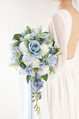 Dusty Blue & White 12″ Cascade Bridal Bouquet – Silk Wedding Flowers