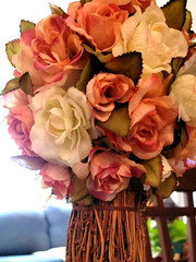 Rose Flower Bouquet Victorian Antique Style Rustic Wood Twig Vase Handcrafted