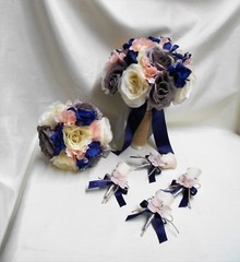 Wedding Silk Flower Bridal Bouquets Package Ivory Grey Navy Blue Pink/Blush