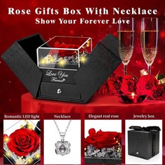 Lebana Preserved Red Real Rose with Heart I Love You Necklace 100 inches,