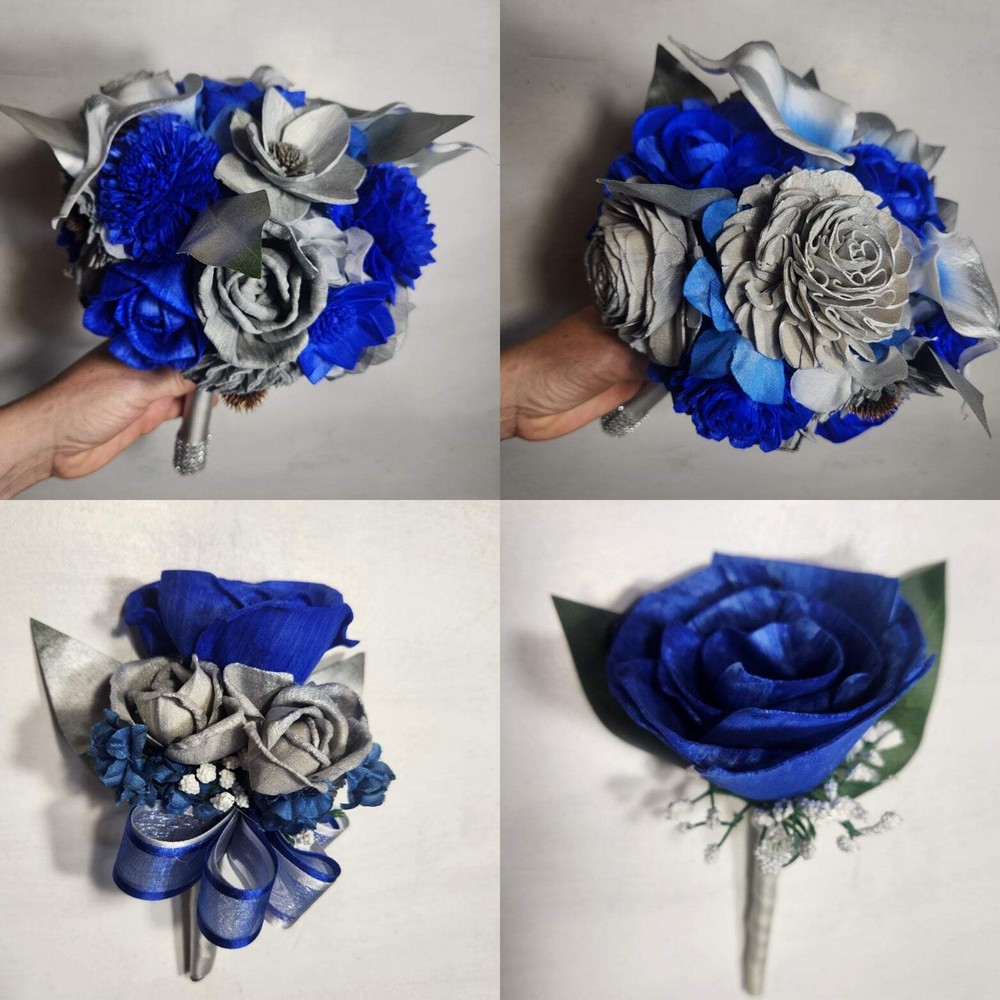 Royal Blue Silver Rose Calla Lily Sola Wood Bridal Wedding Bouquet Accessories