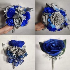 Royal Blue Silver Rose Calla Lily Sola Wood Bridal Wedding Bouquet Accessories