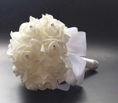 Handmade White Artificial Rose Wedding Bridal Bouquet w/ Ribbon Handle 9 in