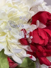 2 Silk Flower Bouquets Red/Ivory/Green w/Rhinestones & Faux Pearls 2 piece set