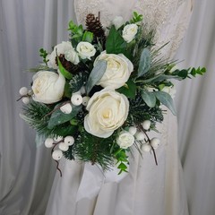 Woodsy Winter White Faux Silk Wedding Bouquet