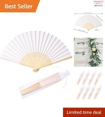 24pcs White Imitated Silk Hand Fan Set Bamboo Folded Fans for Weddings Parties