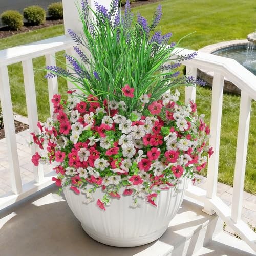 Artificial Flowers for Outdoors UV Resistan 12 Pcs Silk Daisies Rose Red White