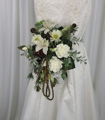 Petite Whites and Pine Faux Silk Cascade Wedding Bouquet