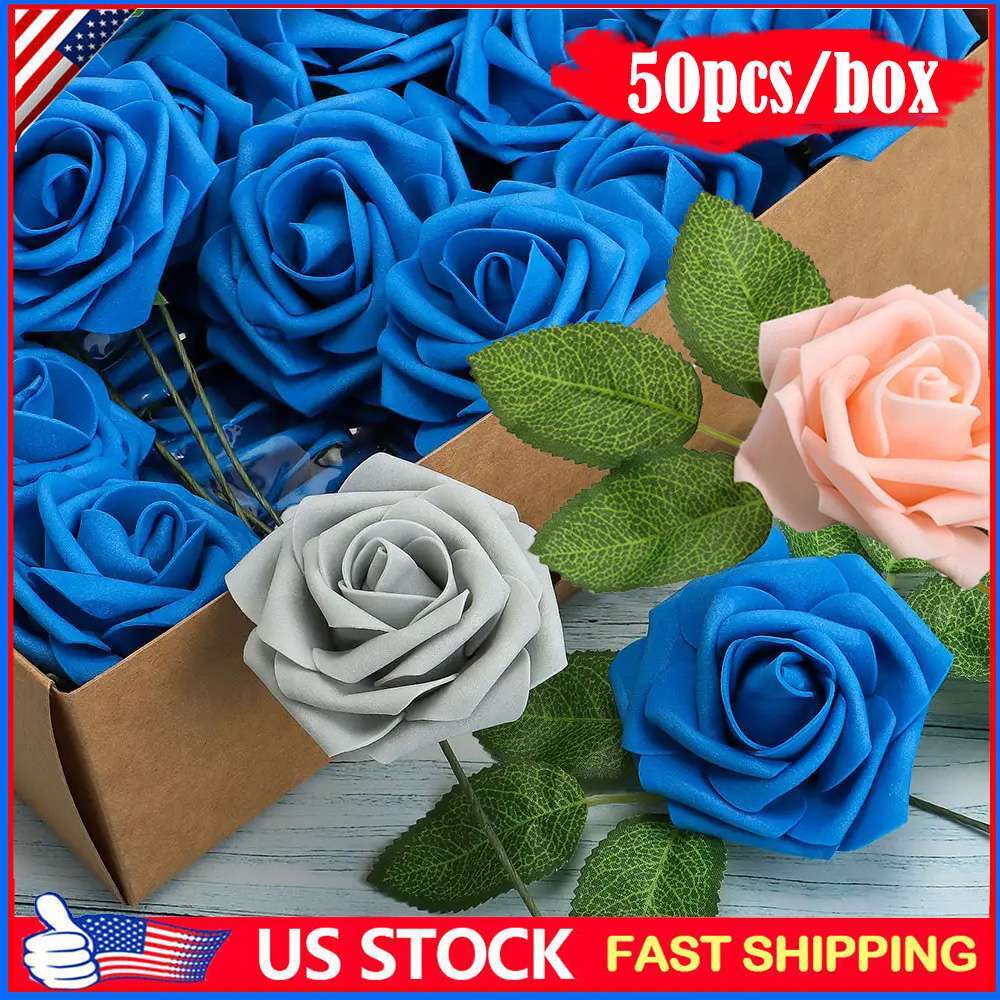 50pcs Blue White Artificial Flowers Foam Roses Decoration DIY for Wedding Party