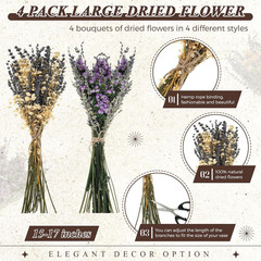 4 Pack Large Size Boho Dried Flower Bouquet 15-17 Inch Wedding Handmade Dry Flow