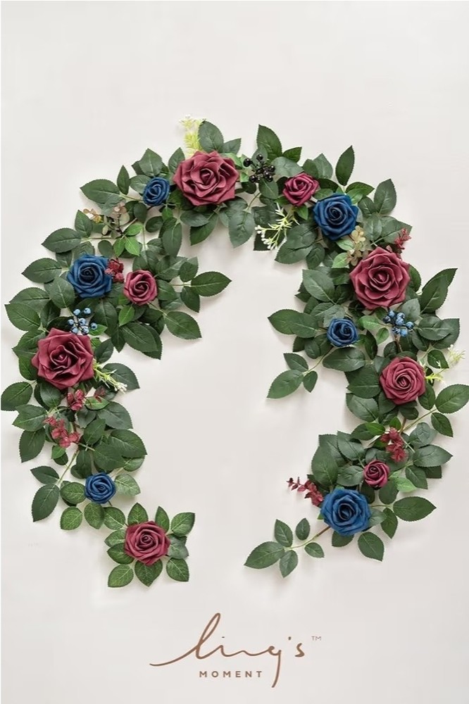 Ling’s Moment 5FT Burgundy & Navy Blue Artificial Flower Garland w/ Rose Leaves