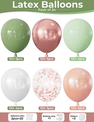 Sage Green and Rose Gold Balloons, 24Pcs 12 Inch Sage Green White Metallic Rose