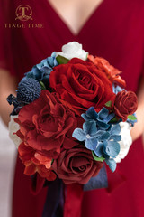 Set of 4 Red & Navy Blue Bridesmaid Bouquets – Silk Flower Wedding Decor