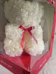 White Artificial Silk Roses Rose Bear With Red Ribbon. A-23