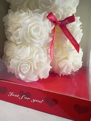 White Artificial Silk Roses Rose Bear With Red Ribbon. A-23