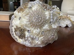 Beautiful White Wedding Brooch Bouquet Gems & Pearl Bridal Satin Rose Flowers
