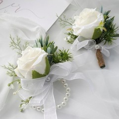 Handcrafted Faux Silk Ivory Rose Floral Set: Corsage and Boutonniere for Events