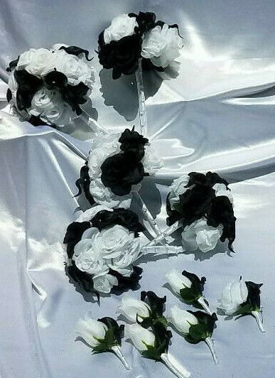 11 Pc Wedding Bouquet Set, White Roses, Black Calla Lilies, Bouquet Package