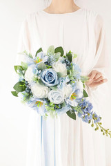 Dusty Blue & White 12″ Cascade Bridal Bouquet – Silk Wedding Flowers