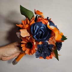 Orange Navy Blue Rose Calla Lily Sola Wood Bridal Wedding Bouquet Accessories