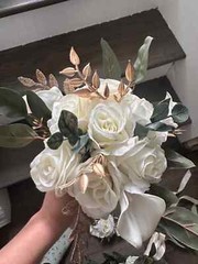 Luxury White Gold Green Faux Wedding Bouquet, Dark Green Cream Bridal Bouquet