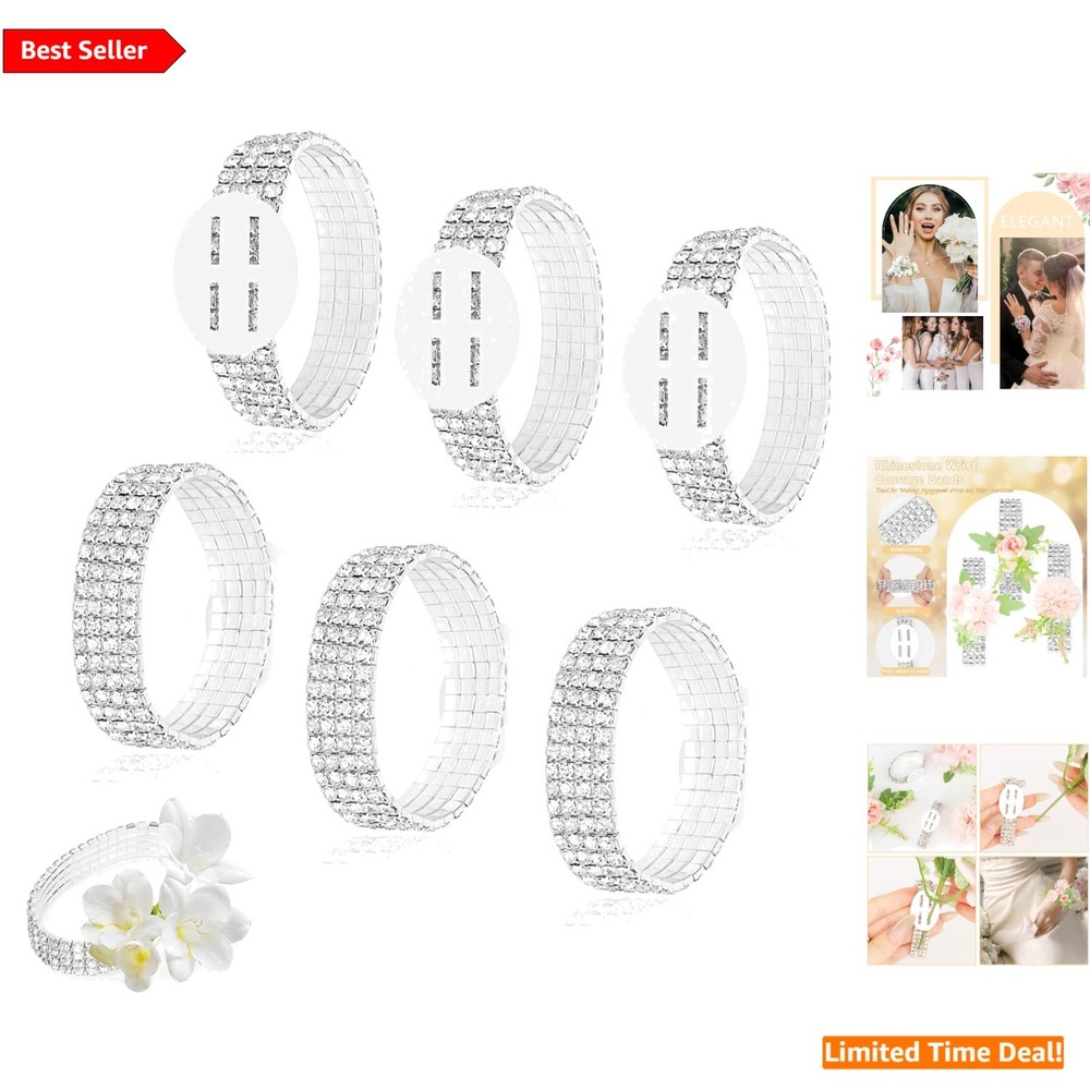 Elegant Rhinestone Wrist Corsage Set – 6 Pcs Adjustable Bands for Weddings