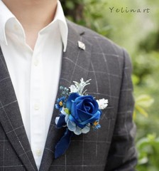 Blue White Corsage Boutonniere Set Prom Wedding Homecoming Artificial Rose