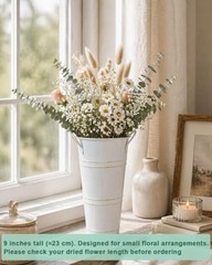 9″ Tall Galvanized Flower Bucket Pcs French Metal Vases with 6 Vintage White