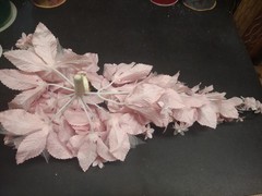 Vintage Silk Wedding Bouquet, Pink, 18″ Satin Leaves, Roses, Stephanotis, Pearls